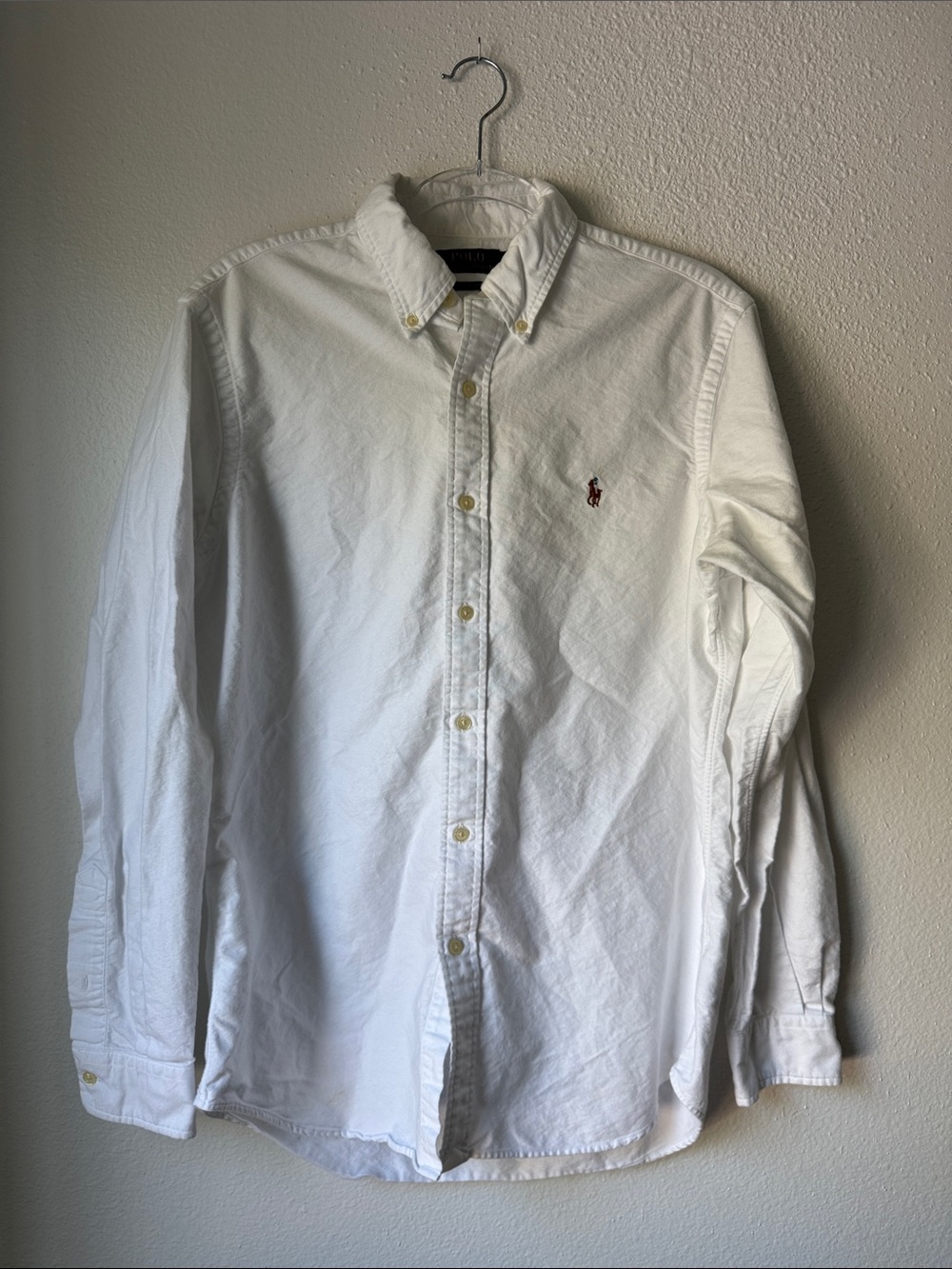 Ralph Lauren White Long-Sleeve Button-Down Shirt with Red Pony